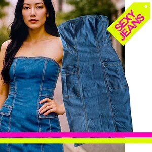 Stretchable Over knee Strapless Jeans Dress with Pockets